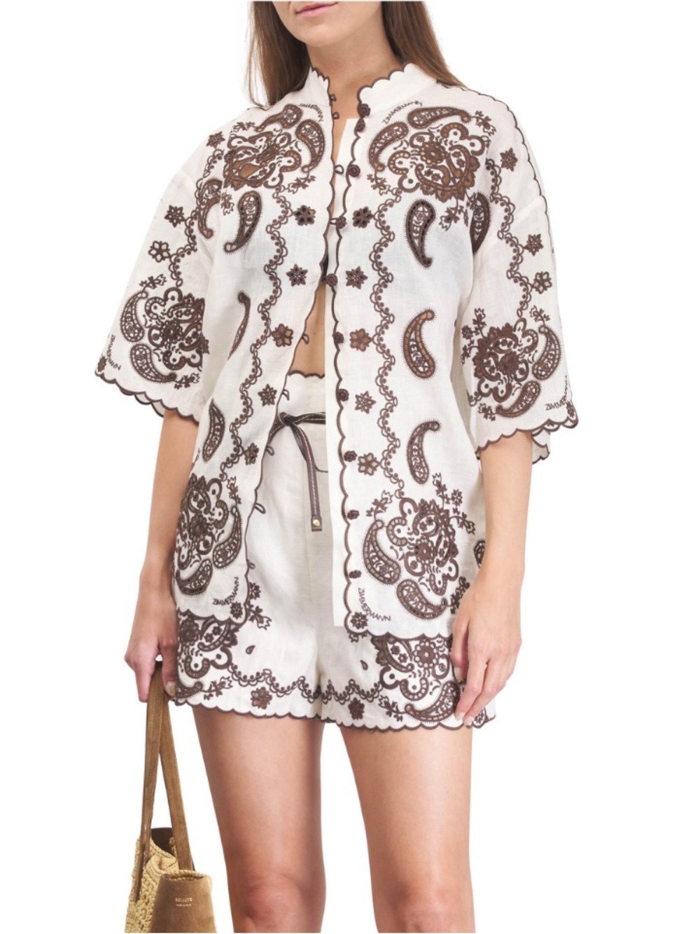 Zimmermann Ascension Brown & Ivory Embroidered Shirt size 0